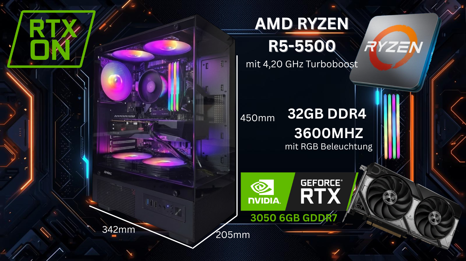 Gamer Gaming Pc Ryzen 5 5500 RTX 3050 32GB DDR4 Weihnachts Edition